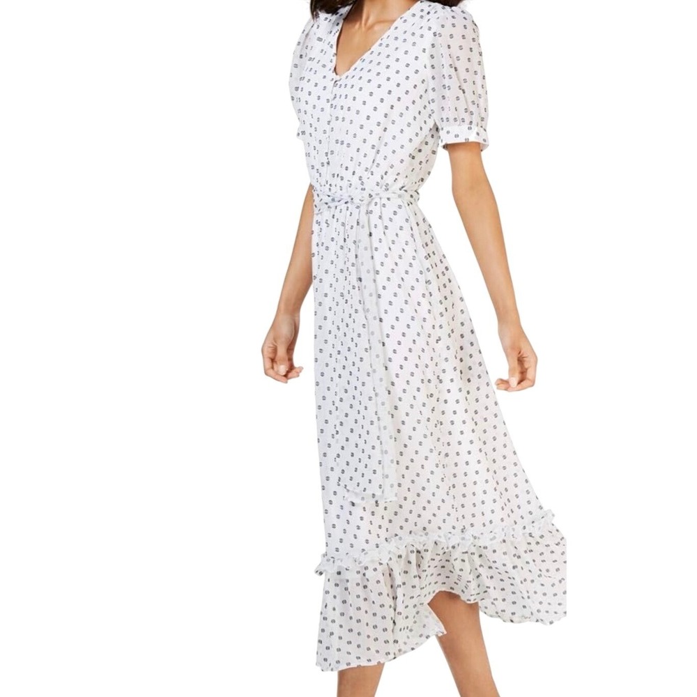 Calvin Klein White Polka Dot Midi Dress Ruffle Hem Women's Size 6
